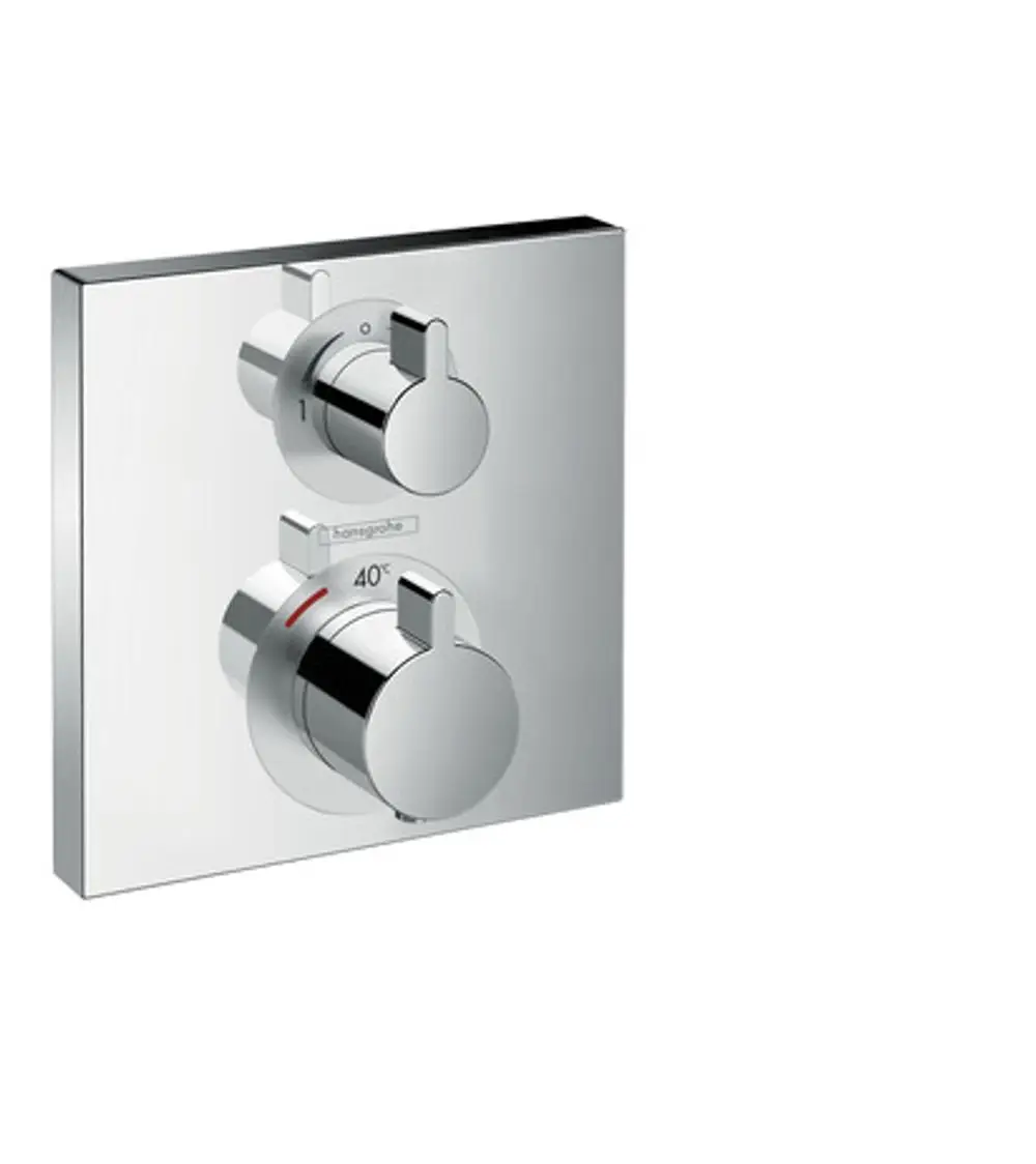 Chromfarbener Thermostat mit zwei Reglern von Hansgrohe, montiert auf einer quadratischen Plattenoberfläche. Regler zur Temperatur- und Verbrauchseinstellung.